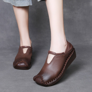 Jishu 2024 Autumn New Style Top Layer Cowhide Wedge Women's Shoes Genuine Leather Retro Two-Wearing Seam Shoes Soft-soled Mother Shoes