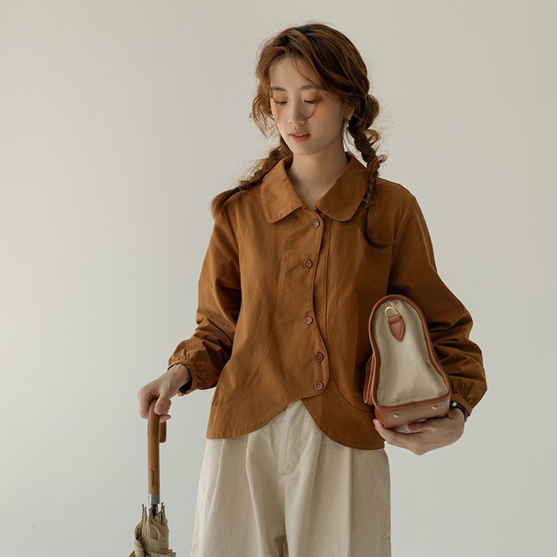 日本式の毛磨きの常規はやせたデザイン感があります。polo襟の上着の女性は朝の秋の襟の長袖の純色、ボタンのシャツです。|undefined