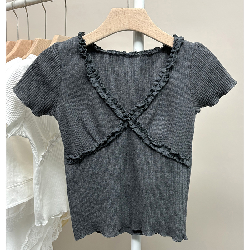 Summer solid color elastic comfortable lace T-shirt