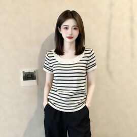 仅用于产品展示勿拍-u领正肩条纹短袖T恤女夏季宽松慵懒风冰丝针