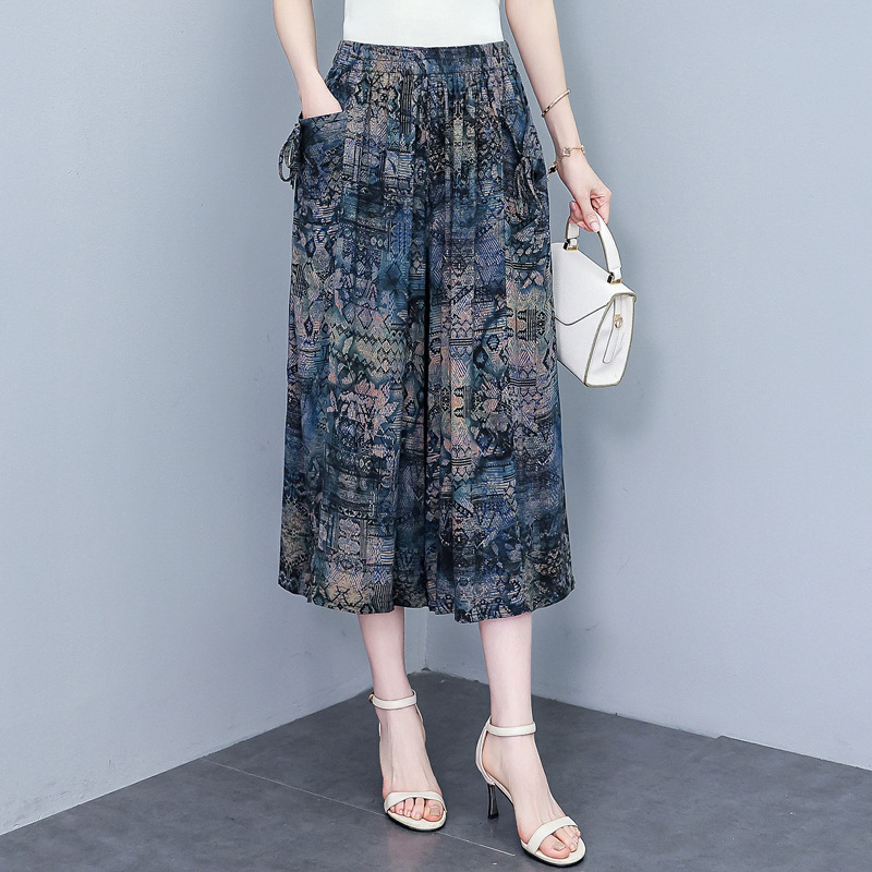 Summer New Cotton Silk Cropped Wide Leg Pants Women's High Waist Dummy Pants Artificial Cotton Loose Thin Mom Culottes