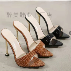 蛇紋露趾尖頭高跟涼拖鞋女歐美跨境魚嘴細跟涼鞋女heels slippers