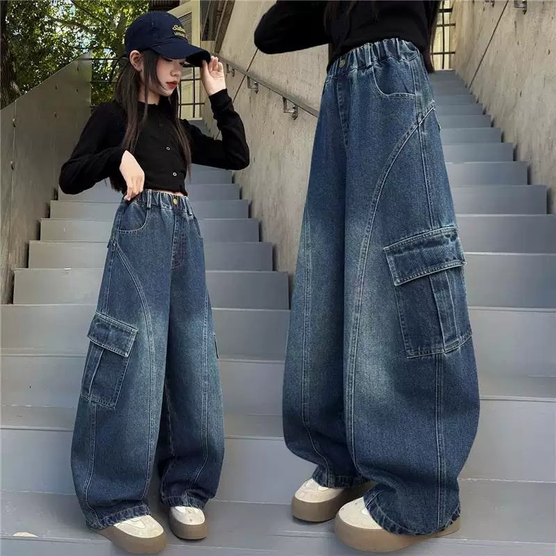 Girls' workwear denim pants 2026 spring and autumn new style loose wide-leg pants for older children Korean style curved long pants