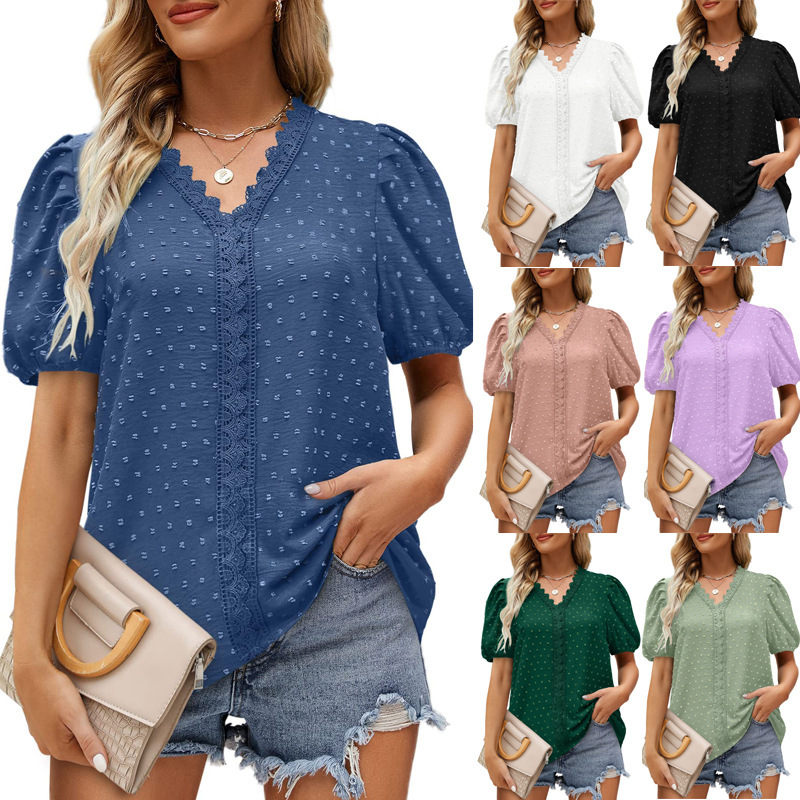 2023 Amazon Europe and the United States summer new lace stitching polka dot short sleeve shirt shirt women's top cross-border women's clothing