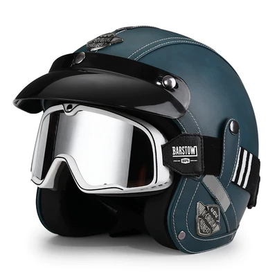 Motosiklet dəbilqələri — Women, Winter Warm Motorcycle 3/4 - m-navy-blue-black-and-white-striped-large-frame-goggles-free-hat-brim-face-towel