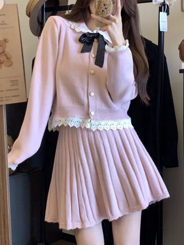 法式小香风毛衣裙套装女2025秋冬新款针织开衫百褶半身短裙两件套|undefined