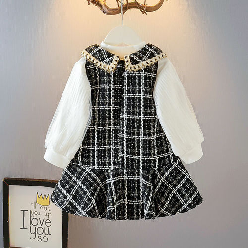  New Autumn Girls Set Korean Style Dress Baby V-Neck Dress Cute Little Fragrance Long-Sleeve Two-Piece Set