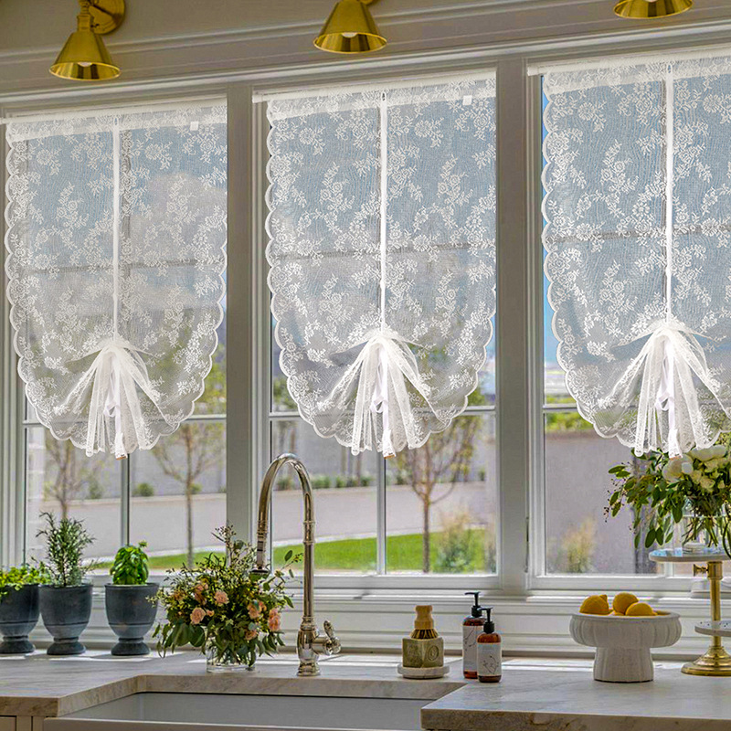 Lace Curtain Kitchen Partition Door Hole French Short Curtain Wholesale Elegant Light Luxury Lace Curtain Kitchen Partition Door Hole French Short Curtain Wholesale Elegant Light Luxury