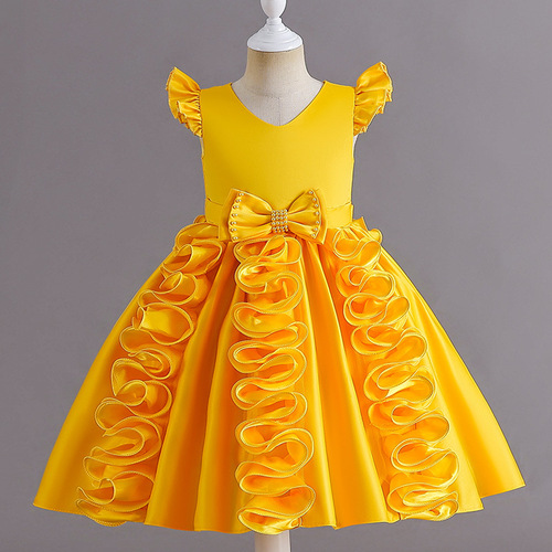 Child's Formal Dress Silk Evening Gown Dinner Dress Little Wing Sleeve Sweet Princess Dress Performance Costume Host Flower Girl Dress
