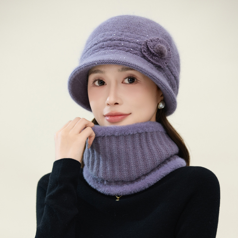 秋冬新款立体花朵亮片兔毛鸭舌帽户外出行防寒盆帽可围脖保暖套装