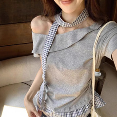 Jian Man Ni 韓国版不規則なオフショルダー半袖 T シャツ女性の夏のチェック柄ステッチニッチデザイン斜め肩トップ