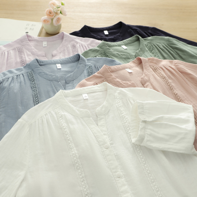 Direct Sale from the Manufacturer: Pure Cotton V-Neck Women's Shirt with Lace Trim on the Sleeves, Double-Layer Cotton Gauze Women's Short-Sleeve Shirt