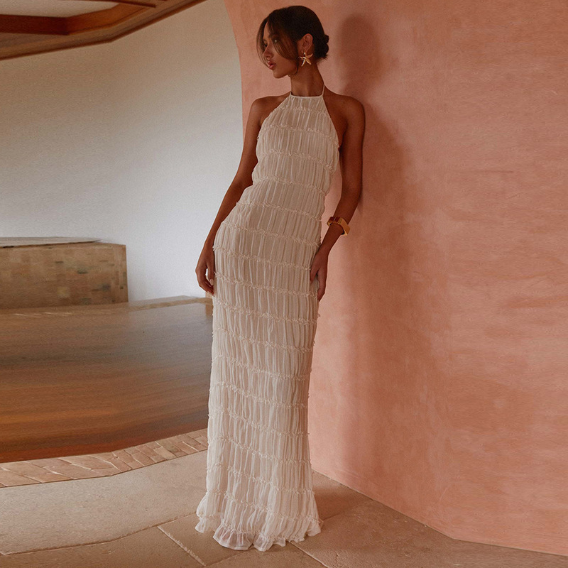 51618 European and American Foreign Trade Women's Backless Pleated Fabric Personalized dress New Breathable Lace-up Lotus Leaf Dress 51618 European and American Foreign Trade Women's Backless Pleated Fabric Personalized dress New Breathable Lace-up Lotus Leaf Dress