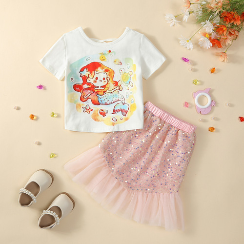 Girls' Summer Costume Cartoon Mermaid T-Shirt with Glitter Fish Tail Skirt Princess Dress Two-Piece Set Foreign Trade Children's Clothing