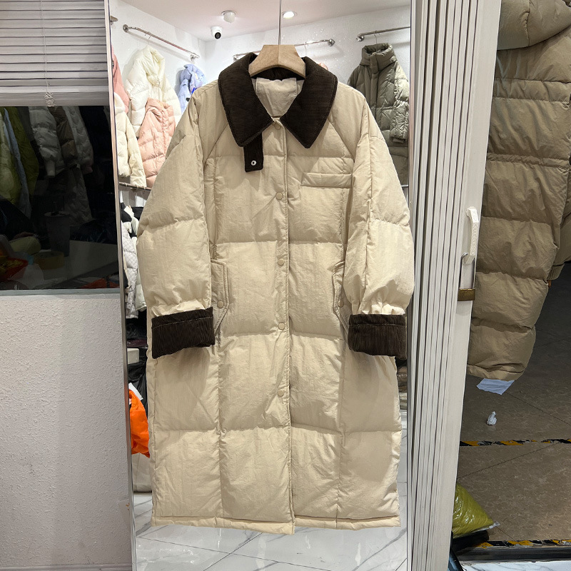 Corduroy Patchwork Lapel down Jacket for Women, Mid-Length, Korean Style, Loose and Thickened, 2023 Winter New Over-The-Knee Coat