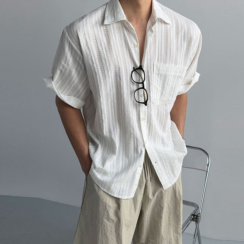 Old Money Style Hollow Mesh White Short-Sleeved Shirt for Men in Summer, Lightweight, Breathable, Versatile, Loose Casual Shirt Jacket