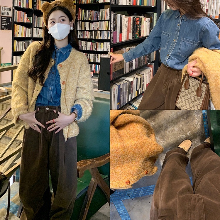 曾小咸韩系蓝色复古牛仔衬衫外套女秋冬毛衣宽松上衣早秋流行套装|undefined
