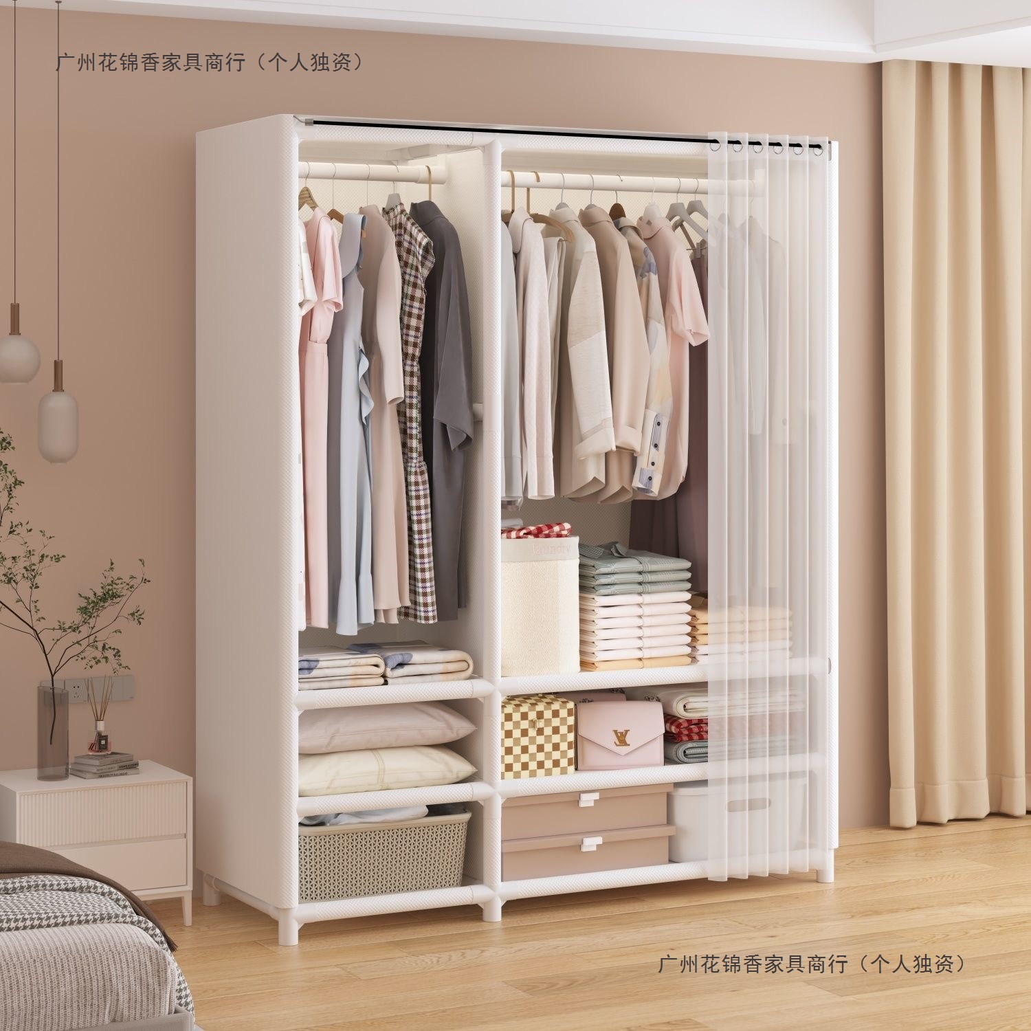 Japanese-Style Simple Wardrobe for Home Bedroom, Multi-Layer Fabric Wardrobe with Drawers, Rental Storage Cabinet, Large Capacity Hanging Wardrobe