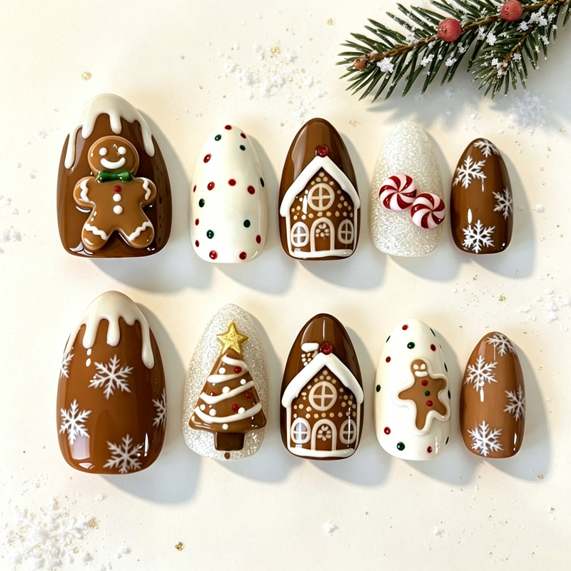 Cross-border Christmas bestsellers: 3D gingerbread man almond-shaped nail wraps, colorful Christmas tree and snowflake nail art, and polka dot nail stickers