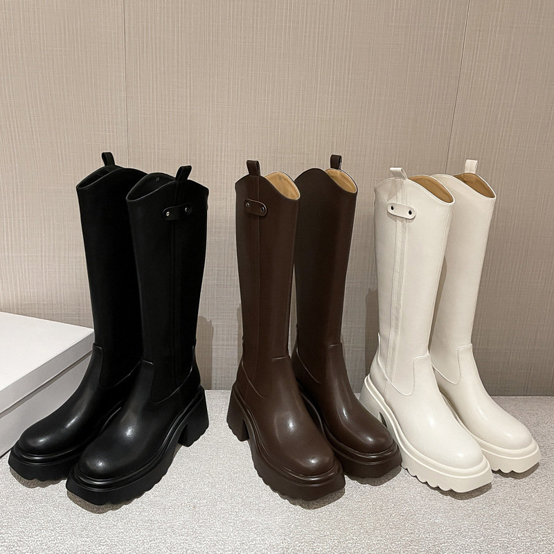 Boot nữ cổ cao ôm bắp chân đế dày gót thấp da thật mùa thu đông — Lớp lót nhung ống lớn màu nâu, Màu nâu cộng với lớp lót đơn lớn, Màu nâu cộng với lớp lót nhung lớn, Lớp lót nhung ống lớn màu đen