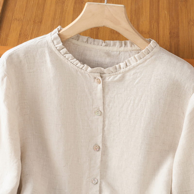 Camicia da donna retrò a maniche lunghe, elegante e snellente, in cotone e lino, con colletto a volant, nuova collezione 2026._voghion.com