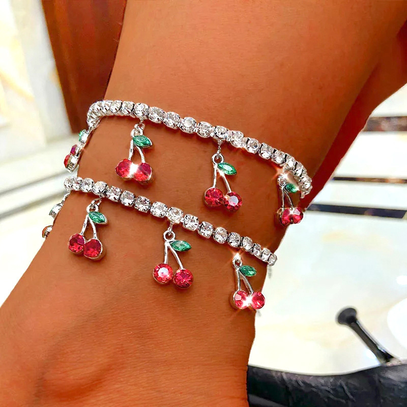 Cross-border new rhinestone cherry anklet women's beach leisure fruit pendant anklet ins hot selling tennis chain anklet