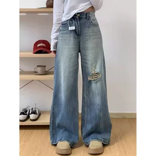 蓝色破洞直筒牛仔裤女春夏新款高腰大码显瘦胖mm梨形身材阔腿裤子
