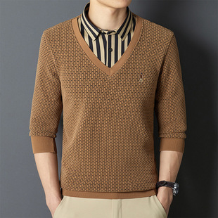 Winter Men's fleece-lined Thickened Fake Two-piece Striped Shirt Collar Pullover Sweater Warm Knitwear Base Sweater New