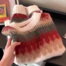 2948圣诞节高级氛围感撞色毛衣女冬今年流行漂亮欧货新年针织衫