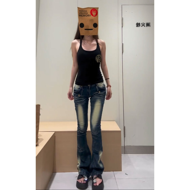 Y2K low-waist ruffled distressed denim flared pants for women, summer style, petite size, multi-pocket flared trousers Y2K low-waist ruffled distressed denim flared pants for women, summer style, petite size, multi-pocket flared trousers