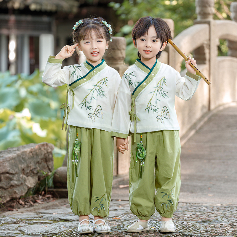 Spring and Autumn Style Children's Ancient Chinese Hanfu Long-Sleeve Set, Chinese Style for Both Boys and Girls, Mid-Autumn Outing, Green Bamboo Baby Tang Suit