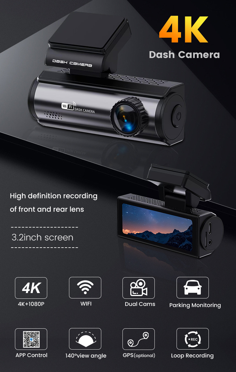 New 3.2inch Hd 4K+1080P Driving Recorder Front and Rear Dual Recording Night Vision Hd Car Recorder Wif