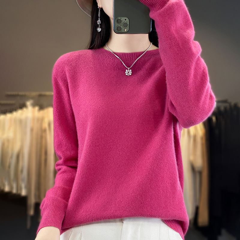 Otoño e Invierno 100% suéter de lana pura de las mujeres de cuello redondo Jersey corto de lana de manga larga suéter recto suéter a juego ropa exterior