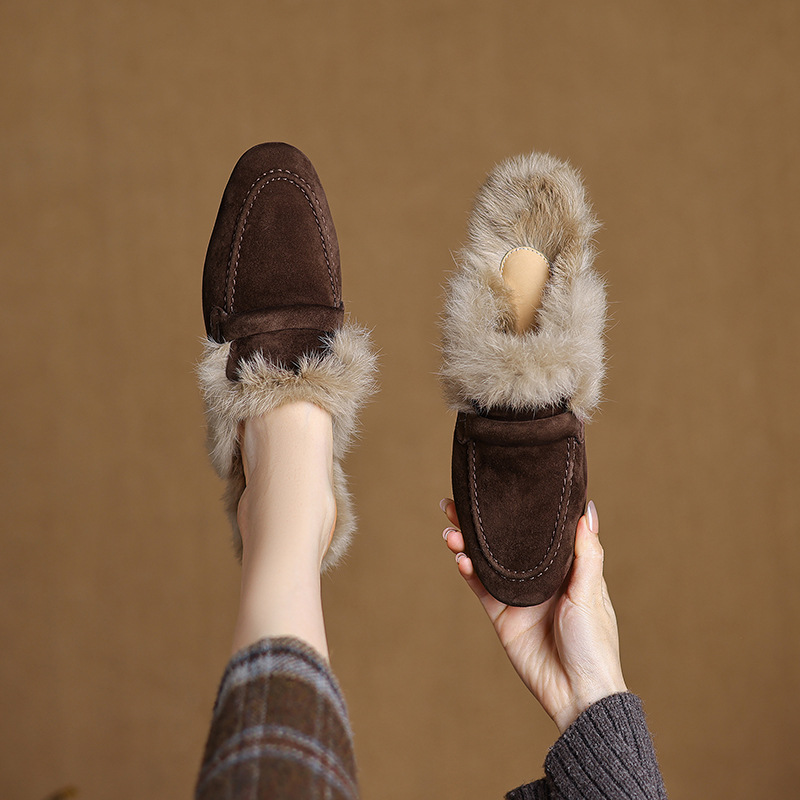 兔毛粗跟毛毛拖鞋女外穿乐福鞋冬季一脚蹬加绒保暖包头半拖穆勒鞋