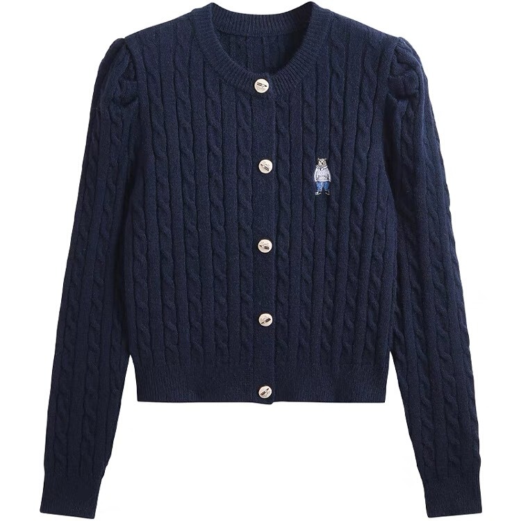 Dalong Sweater Factory Early Autumn Twist Korean Style Puff Shoulder Bear Embroidered Knitted Cardigan Women's Short Sweater Jacket