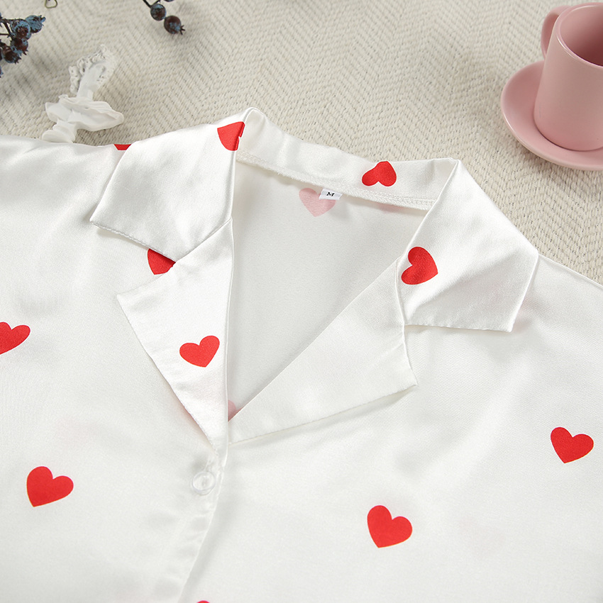 210g Weight Short Sleeve Sleeve Length Pajamas Lingerie Type Polyester, Satin Fabric Type Short Top Length Shorts Sets Sets Type 2 Pieces Set Quantity Home, Daily Occasion Turndown Neckline Breathable Function Regular Fit Fit Type Heart Shape Pattern Winter, Summer, Spring Season Women's Gender Sweet Style Home Daily Women's Sweet Heart Shape Polyester Satin Shorts Sets Pajama Sets 5