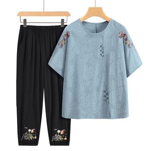 Middle-Aged and Elderly Mothers' Summer Chinese-Style Suits for Outer Wear, Chinese-Style Two-Piece Sets for the Elderly, Embroidered Thin Tops, Short-Sleeved Shirts