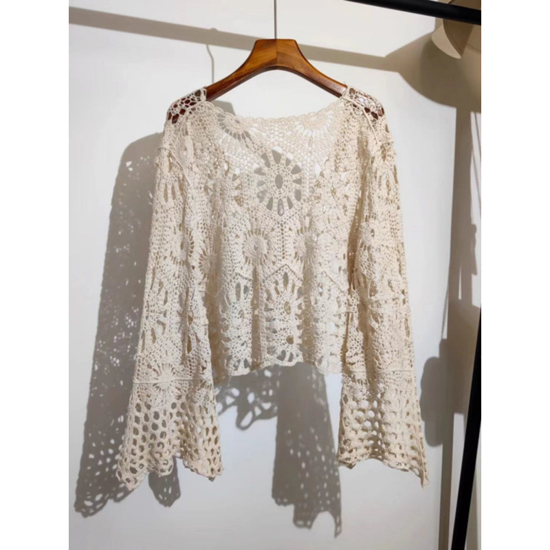 Crochet Lace-Up Knit Cardigan for Women, New Summer Bohemian Vacation Style Long-Sleeve Short Top Cover-Up
