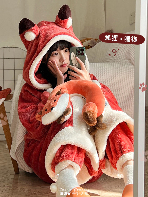 Luna Wonderful Journey Fox Coral Fleece Pajamas Women's Couple Nightgown Winter Flange Plush Nightgown Thickened One-piece