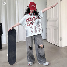 女童夏T恤套装美式喷墨字母T破洞裤两件套中大童2025新款阔腿裤潮