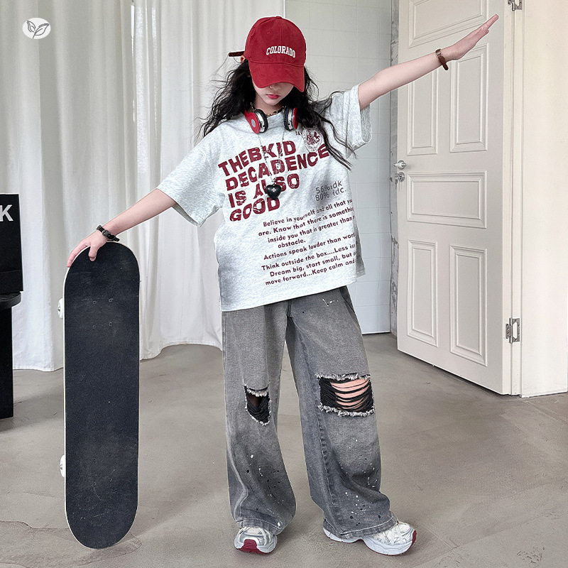 女童夏T恤套装美式喷墨字母T破洞裤两件套中大童2025新款阔腿裤潮