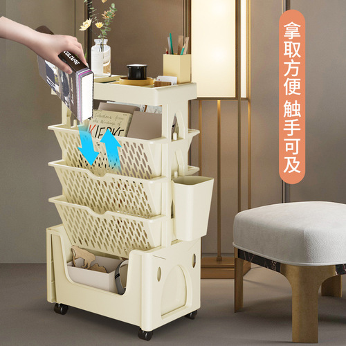 Multi-layer floor-standing shelf with wheels for organizing books, student desk side storage, kitchen and study room 