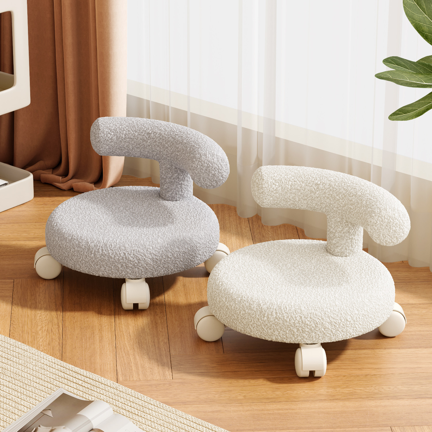 Swivel Small Stool for Home Use, Low Stool with Wheels for Children, Toddler Stool for Changing Shoes, Chair with Backrest, Lambswool Round Stool