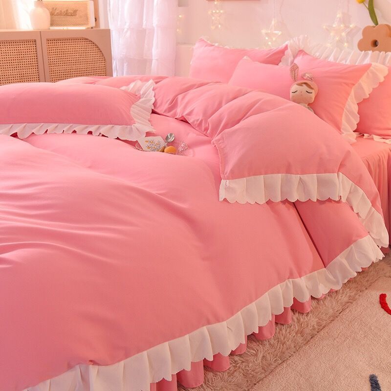 Q1L Girly Pink Bed Bed Sheets Four-Piece Set Lotus Leaf Lace Pure Color Bed Skirt Princess Style Quilt Cover Dormitory Bed Three Pieces