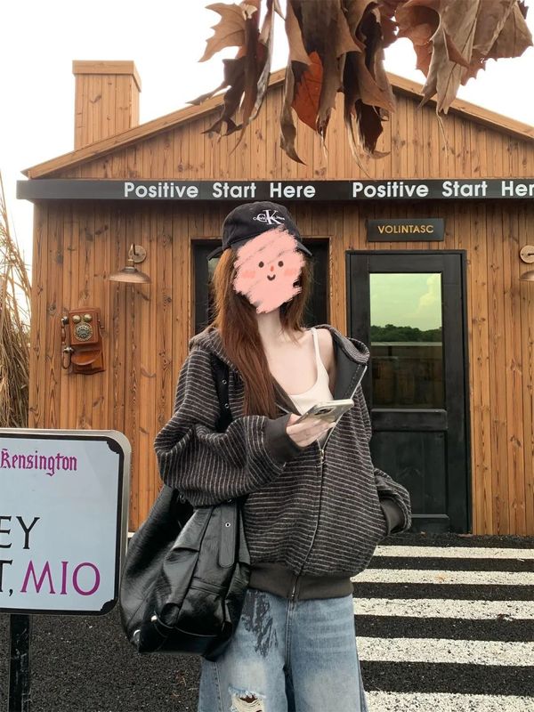 黑灰色条纹卫衣外套女款连帽开衫秋季2025新款韩系上衣小众慵懒感|undefined