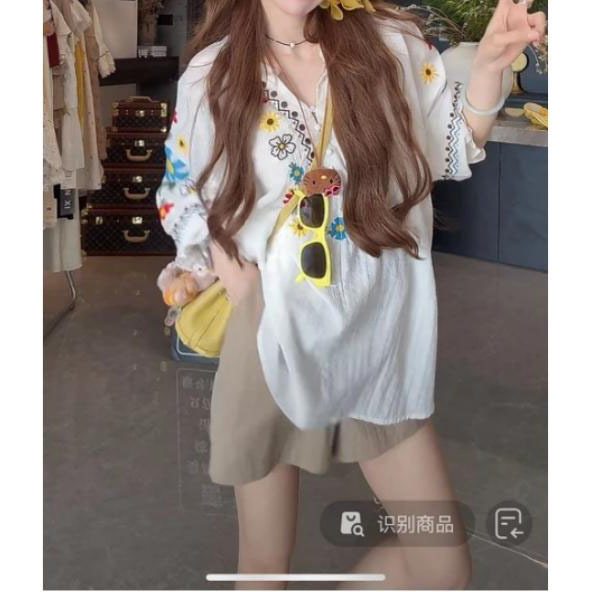Heavy Floral Embroidery Lightweight Cool/Linen Cotton Babydoll Shirt + Shorts Set