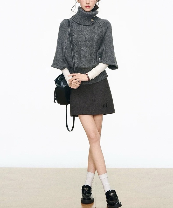 8.12新品 高领银扣毛衣上衣女针织衫+连衣裙+短裙套装|undefined