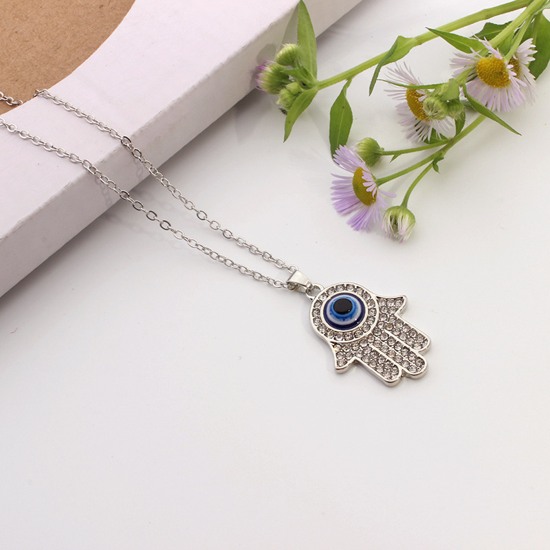 Hand Of Fatima Necklace With Turkish Eye And Diamond Inlay_voghion.com