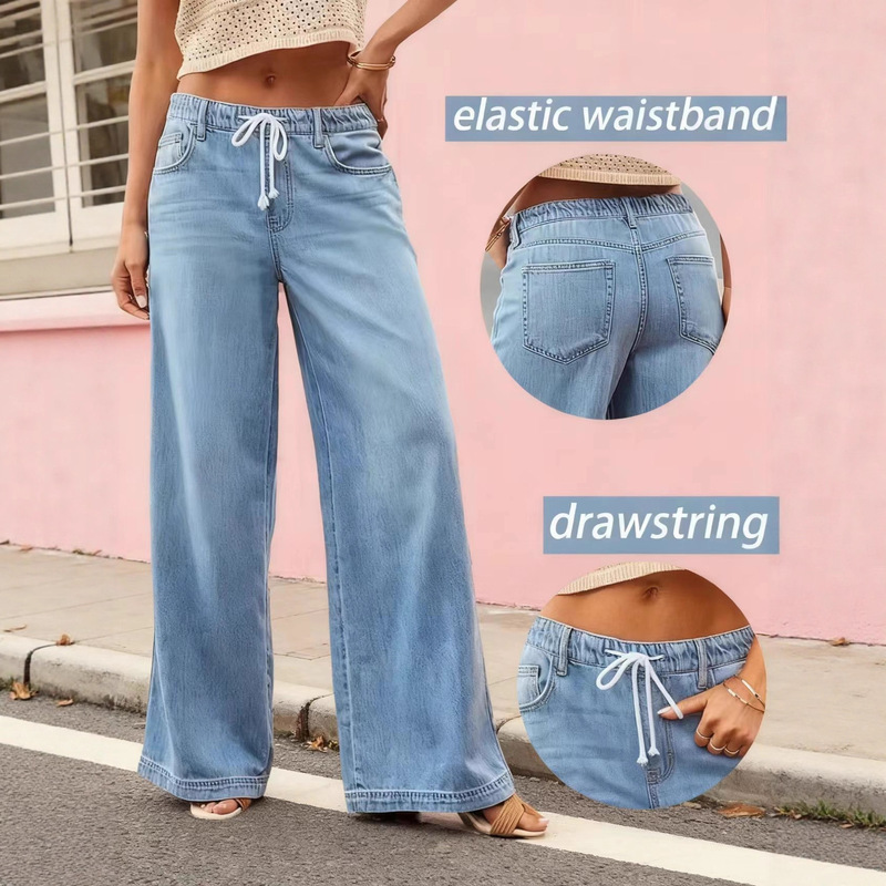 Cross-Border Amazon Best-Selling European and American Women's Wide-Leg Jeans with High Elastic Waist, Flared Pants, Loose Y2K Pants for Women