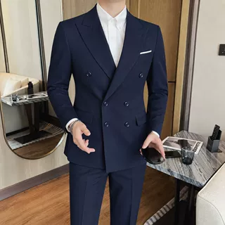 男士双排扣西装套装修身商务正装新郎结婚礼服高级感西服两件套